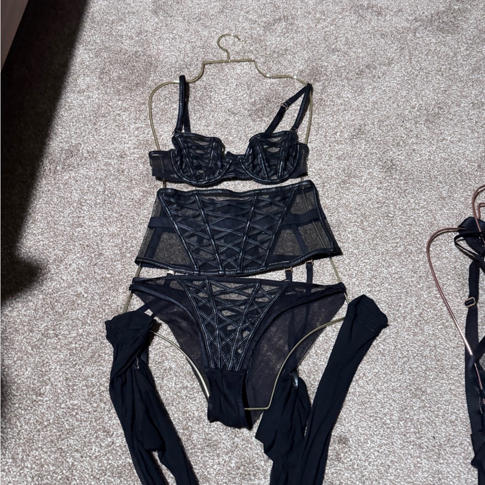 Honey Birdette Black Lace Bustier Set with Sheer Mesh Panels